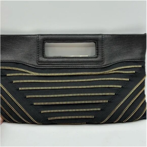 BCBGMaxAzria Black Clutch Genuine Leather Trim Elegant Gold Zipper Design - Picture 2 of 11